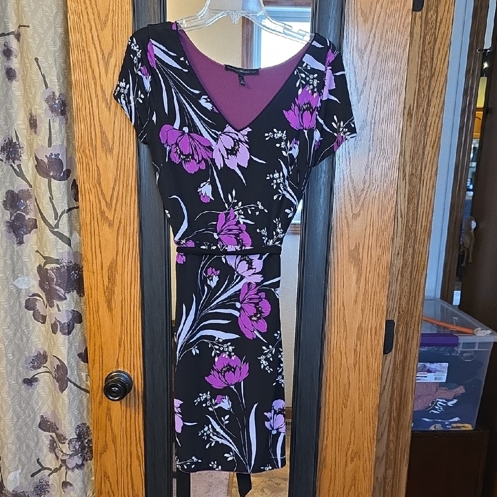 White House Black Market Black and Purple Floral Midi Dress